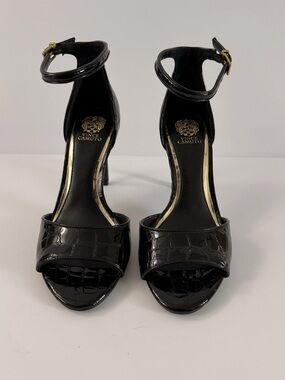 Vince Camuto Black Patent Croc Ankle-Strap Stiletto Sandals